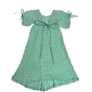 Seafoam Mint Green Crochet Lace Ribbon Bow Button Christening Gown Formal Dress
